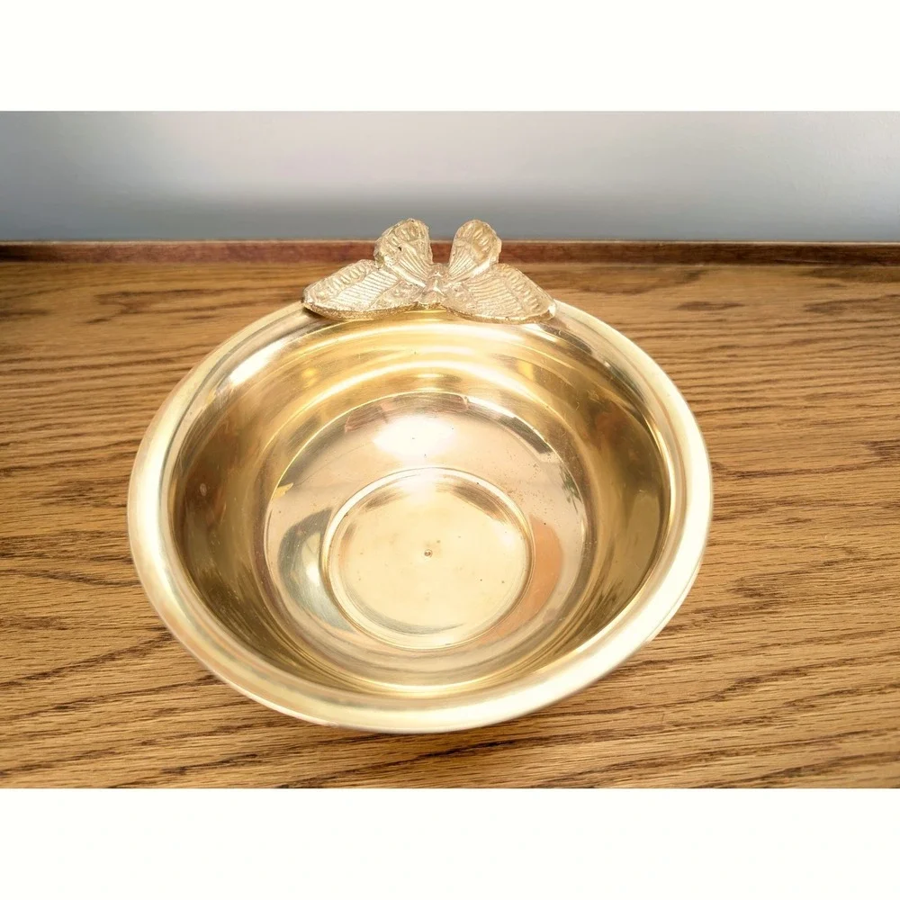 Vintage Butterfly Pedestal Bowl Solid Brass Hand Made in India Decorative Decor